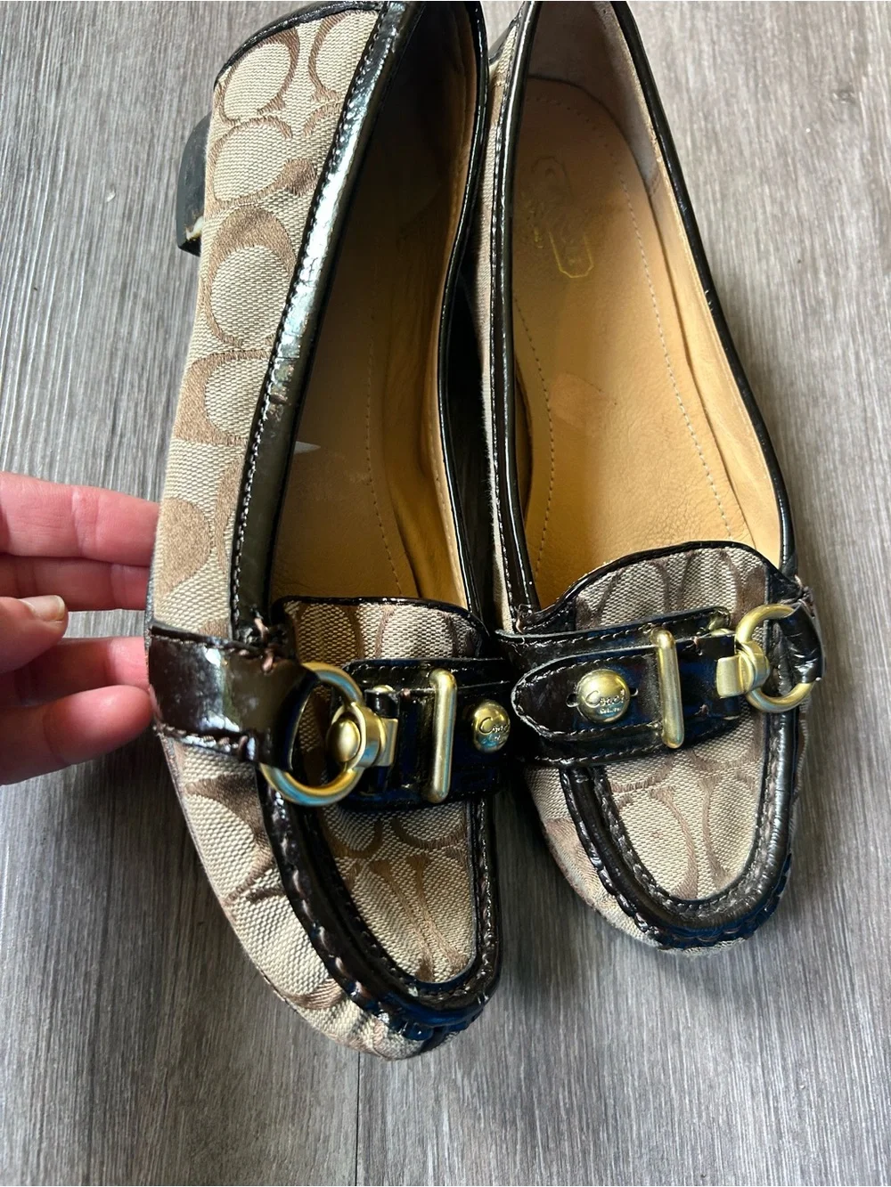 Coach Brown Signature Canvas Flats with Black Patent Trim and Gold Hardware